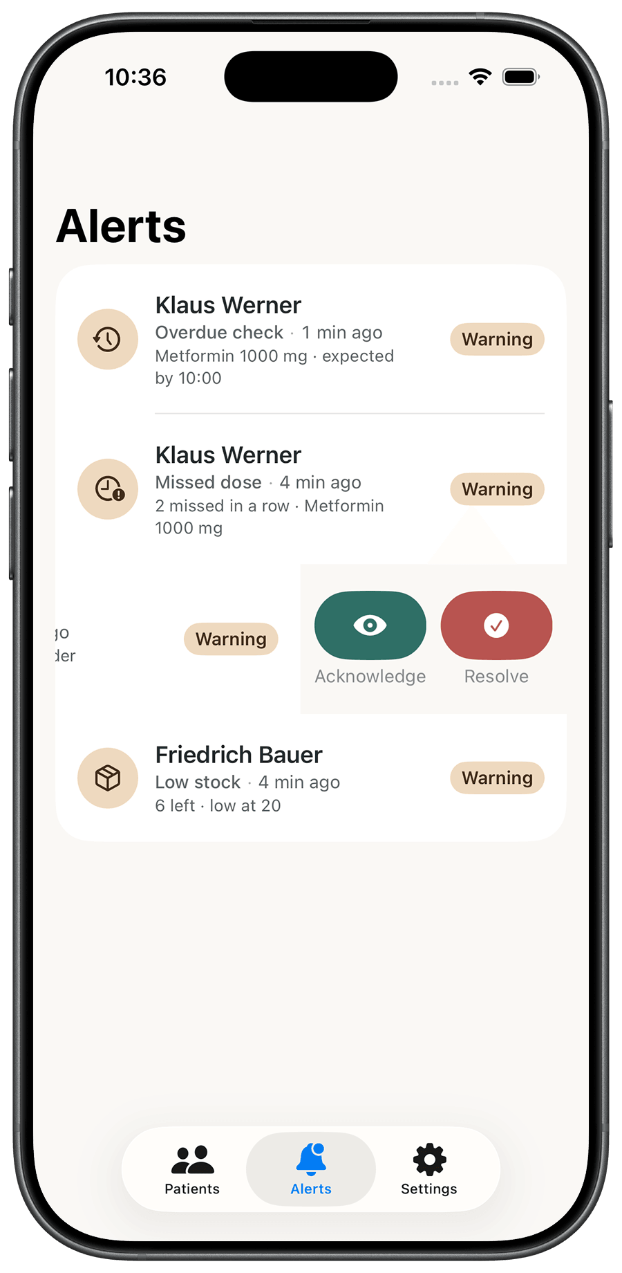 iPhone Alerts list: an overdue check and a missed dose for Klaus Werner, low stock for Friedrich Bauer, with Acknowledge and Resolve actions swiped open