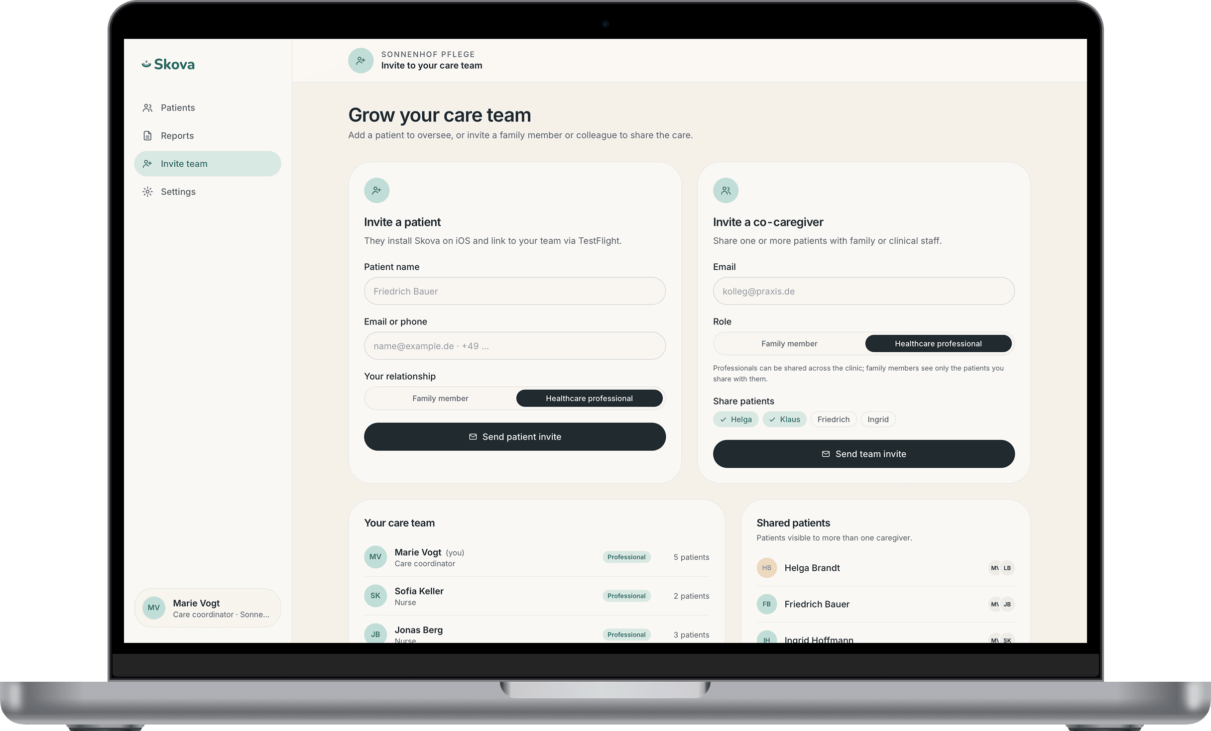 Caregiver dashboard on a MacBook: “Grow your care team”, with forms to invite a patient or a co-caregiver, a family-member or healthcare-professional role toggle, and the current care team and shared patients listed