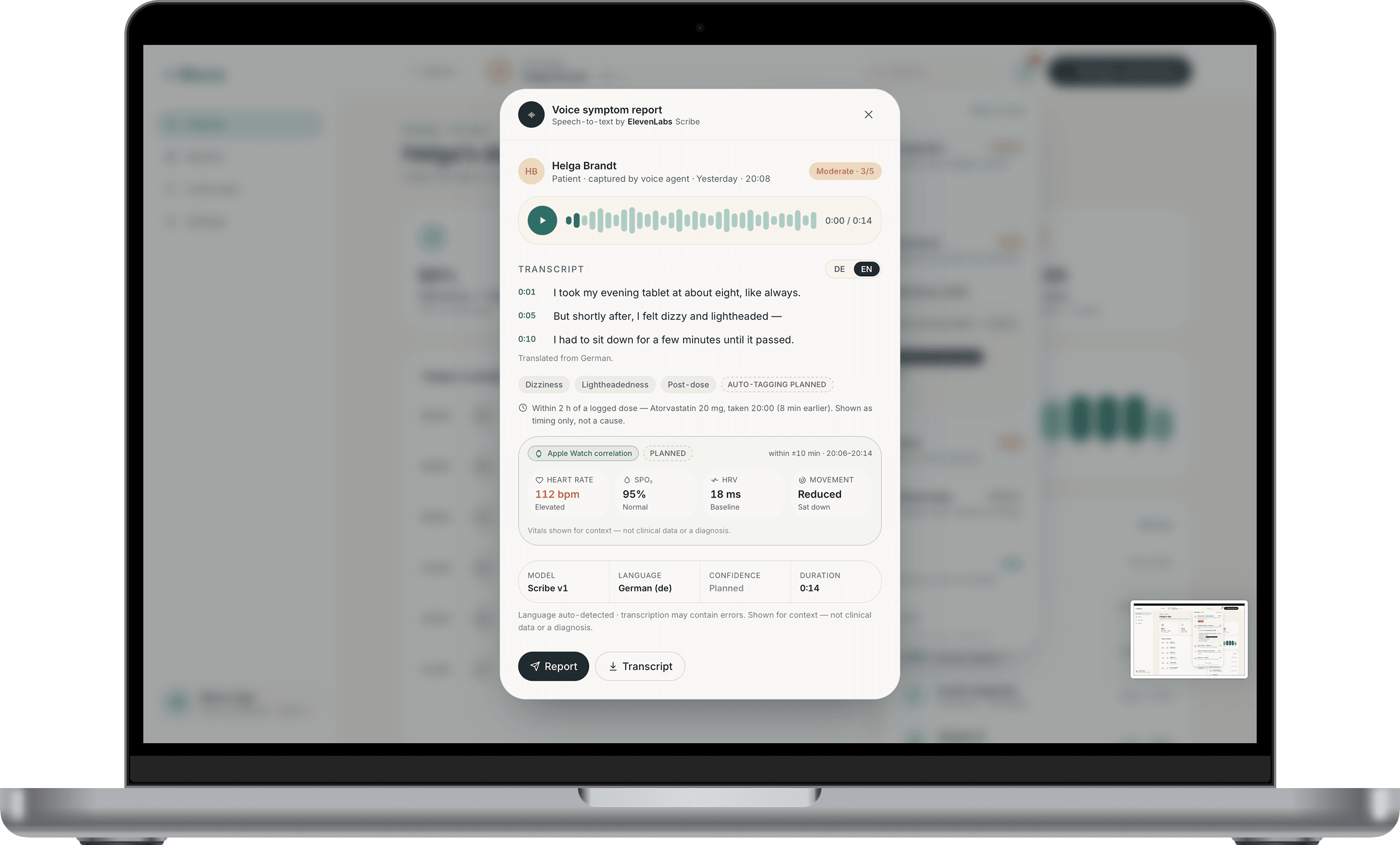 Voice symptom report open on the caregiver dashboard: an audio player and a timestamped transcript — “I took my evening tablet at about eight… but shortly after, I felt dizzy” — noted as within 2 hours of a logged dose