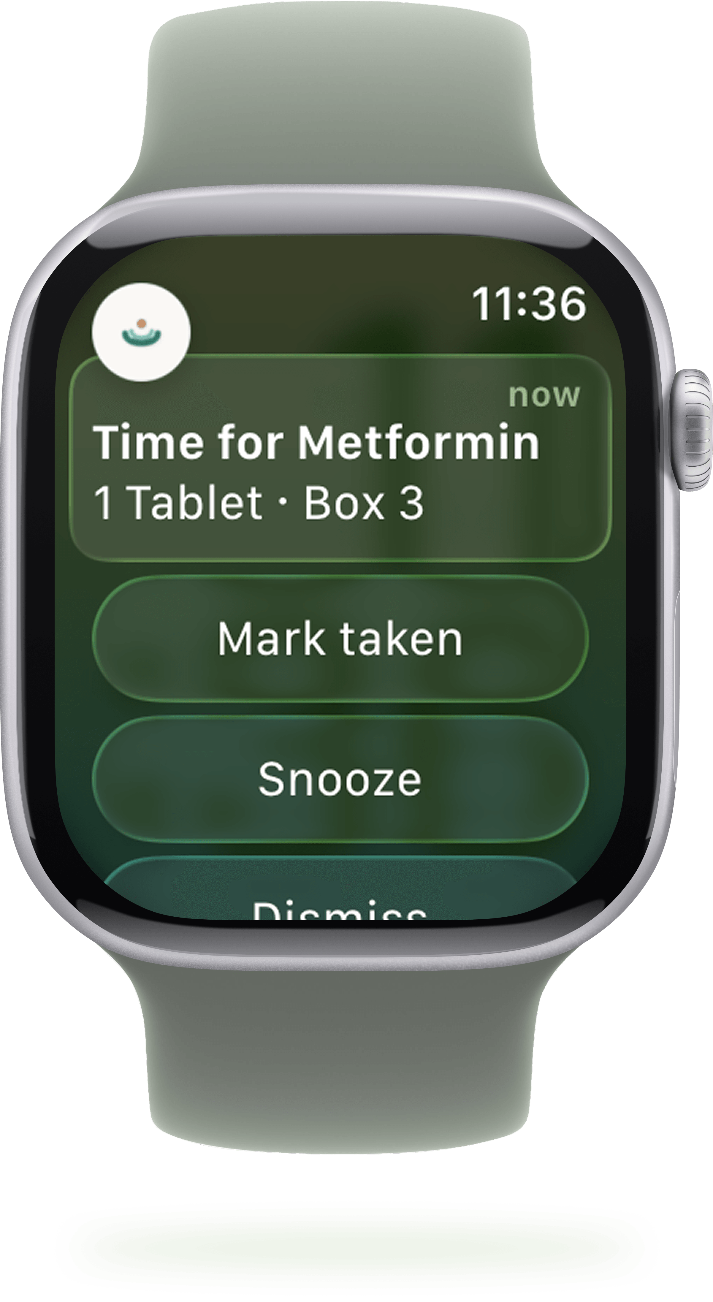Apple Watch face with a Skova complication: “Nächste Dosis — 13:00, Vitamin D · 1 Tablette”